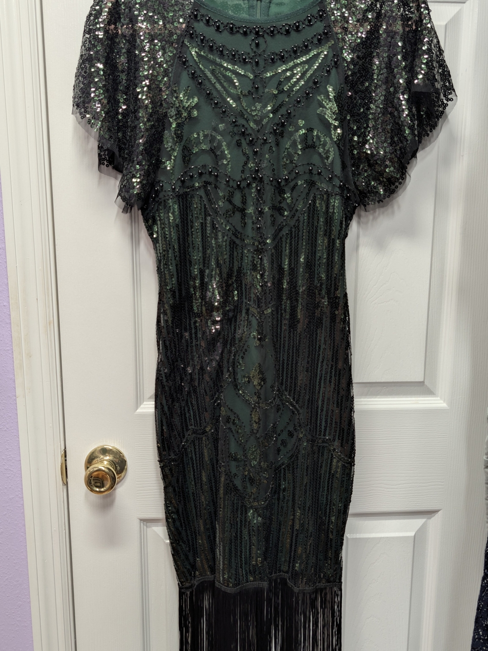 Emerald Green Sequin Beaded Flapper Fringe Dress Art Deco Gatsby